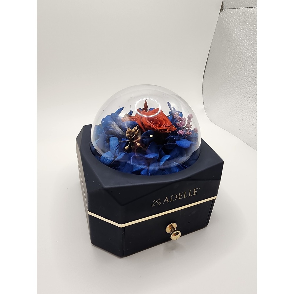 Medium Jewelry Box, Rose and Blue Leaves Transparent Dome. Fits 10 Pieces